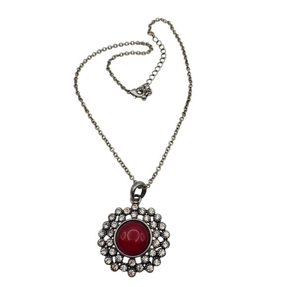 Red Acrylic & Crystal Pendant Necklace Rhinestone Silver Tone Chain 19" Vintage - Picture 4 of 7